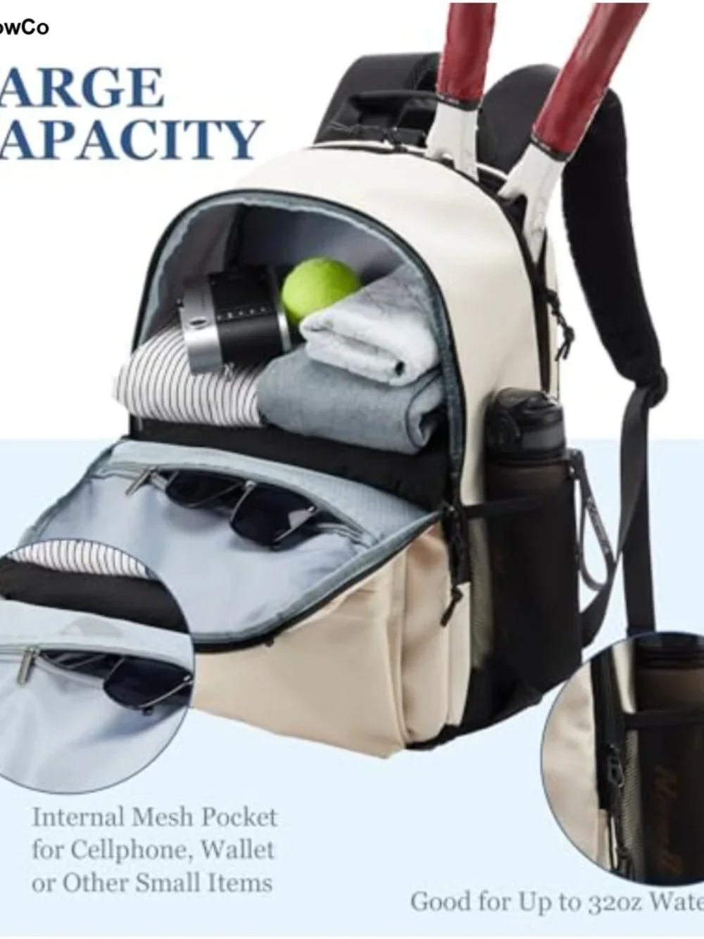 Tennis Backpack for Women Men 2 Rackets Insulated Pocket Shoe Compartment Nylon